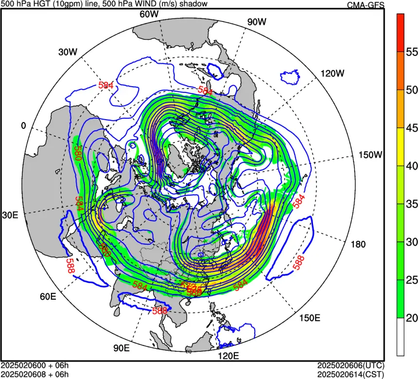 ↑ 从北半球形势场图可见,极地涡旋出现明显南落,导致其后部冷空气顺势而下。 ↑ 从北半球形势场图可见,极地涡旋出现明显南落,导致其后部冷空气顺势而下。