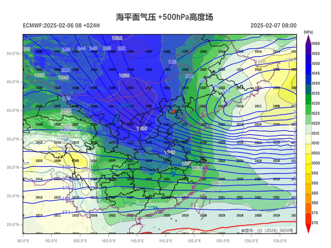 ↑ 明天冷高压主体就将深入我国，中心气压依旧超1050百帕。